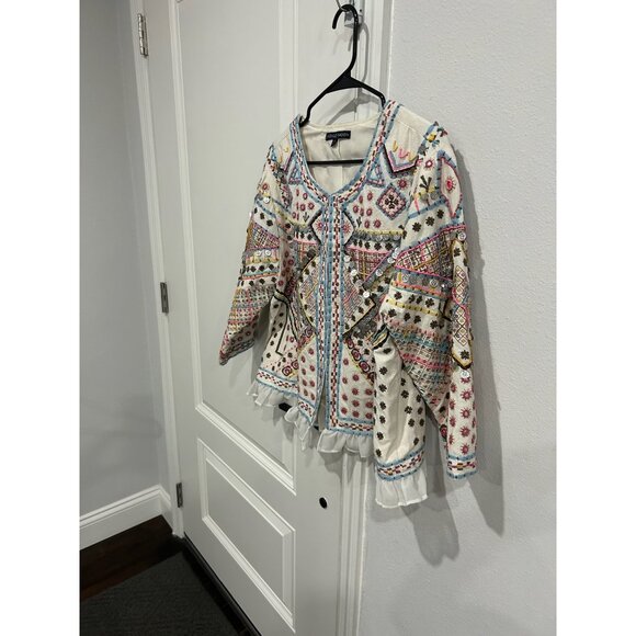 Indigo Moon Embroidered Ruffle Jacket Multicolor Sz XL Embellished Beaded Artsy - Picture 4 of 10